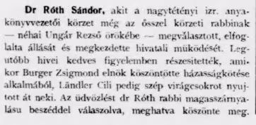 Róth Sándor rabbi kinevezése